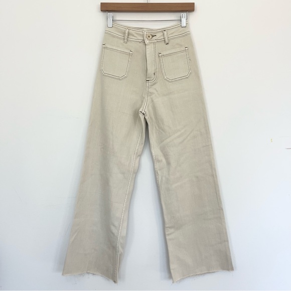 Miou Muse Denim - High-Waist Wide Leg Jeans in Beige - Women's Flare Jeans